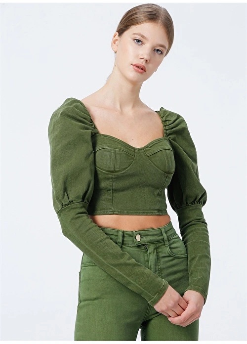 RG-506 Puff long sleeve glop detailed strapless green blouse